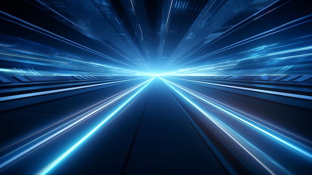 Zbliżenie na pociąg przejeżdżający przez tunel z generatywnymi niebieskimi światłami