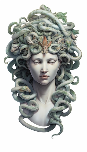 Zbliżenie na posąg kobiety z wężami na głowie generatywne ai