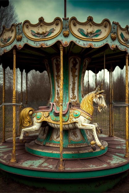 Zbliżenie na przejażdżkę karuzelą w parku z narysowanym na nim koniem generatywnym ai