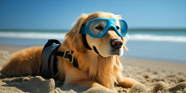 Zbliżenie na psa w masce i goglach na plaży generatywnej ai