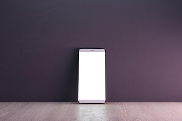 Zbliżenie na pusty biały smartfon na ciemnej ścianie i drewnianej powierzchni tła Koncepcja aplikacji mobilnej Renderowanie 3D