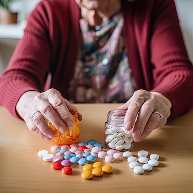 Zbliżenie na ręce starszej kobiety starannie sortującej swoje codzienne leki