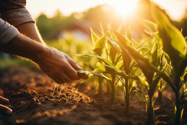 Zbliżenie na rękach człowieka ostrożnie dotykających żywej zielonej łodygi kukurydzy na zielonym polu podczas letniego zachodu słońca