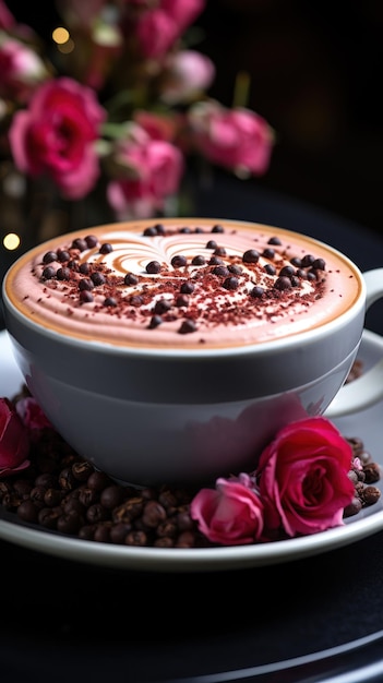 Zbliżenie na różowe cappuccino w czarnej filiżance Ceated z Generative AI