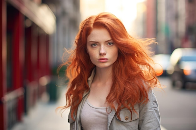 Zbliżenie na rudowłosą młodą kobietę z tłem sceny miasta