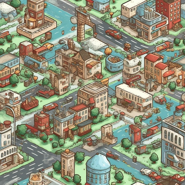 Zbliżenie na rysunkowe miasto z rzeką i generatywną ai budynków