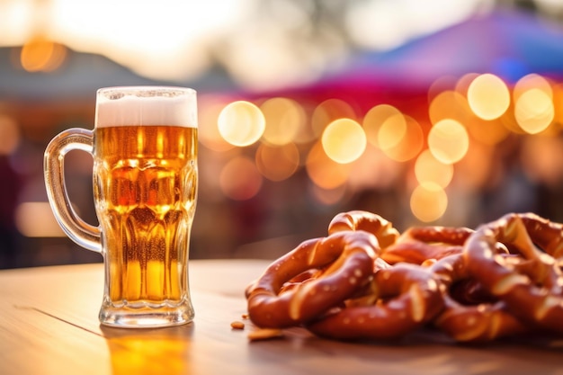 Zbliżenie na stół na Oktoberfest wypełniony tradycyjnym jedzeniem i piwem Generowane przez sztuczną inteligencję