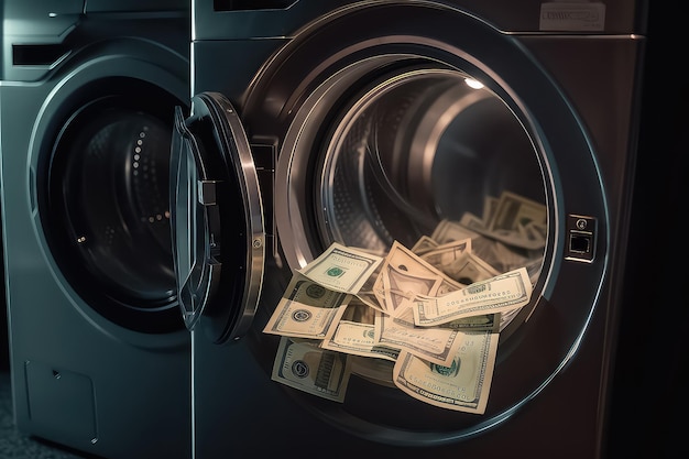 Zbliżenie na stos brudnych pieniędzy umieszczonych w pralce AI