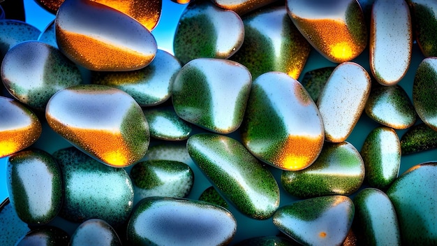 Zdjęcie zbliżenie na stos kolorowych kamieni ze świecącym na nich słońcem