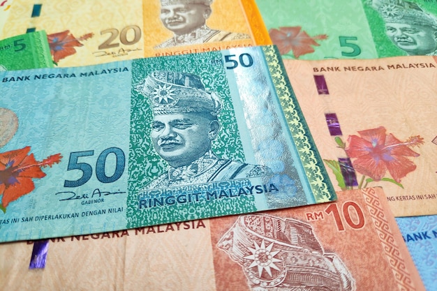 Zbliżenie Na Stosie Malezyjskich Banknotów Ringgit Jako Tło