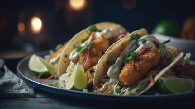Zbliżenie na świeże rybne tacos z surówką z białej kapusty i salsą z awokado w generatywnej sztucznej inteligencji z tortilli