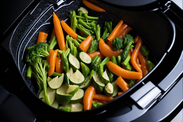 Zbliżenie na świeże warzywa przygotowane we frytkownicy powietrznej oferujące zdrowy i ekonomiczny posiłek Wygenerowane przez AI