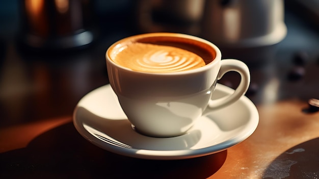 Zbliżenie na świeżo warzoną kawę espresso w białej filiżance