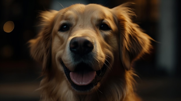 Zbliżenie na szczęśliwy wyraz twarzy golden retrievera i jego język