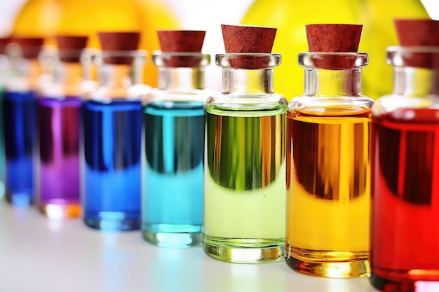 Zbliżenie na szklane butelki wypełnione kolorowymi olejkami do pielęgnacji skóry