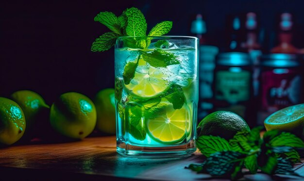 Zbliżenie na szklankę wody z limonkami i miętami Generative AI