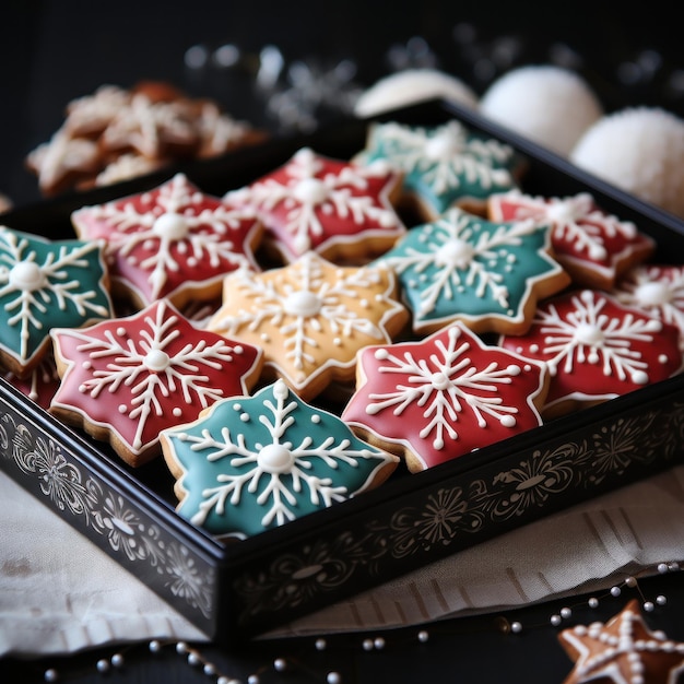 Zbliżenie na tacę z pięknie udekorowanymi świątecznymi ciasteczkami