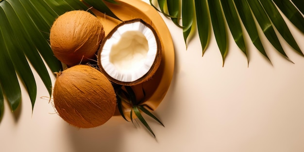 Zbliżenie na talerz kokosów i roślinę kokosową na stole Generative AI