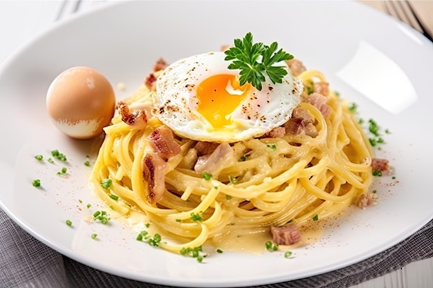 Zbliżenie na talerz spaghetti carbonara ze złotym jajkiem i sosem serowym utworzone za pomocą generatywnej ai