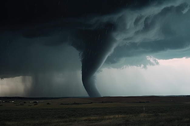 Zbliżenie na tornado, jego wiatr i deszcz widoczne na niebie, utworzone za pomocą generatywnej ai