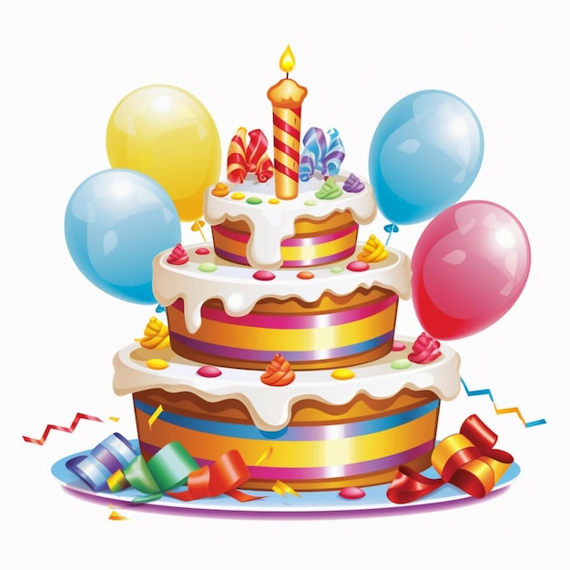zbliżenie na tort urodzinowy z balonami i konfetti generatywną sztuczną inteligencją