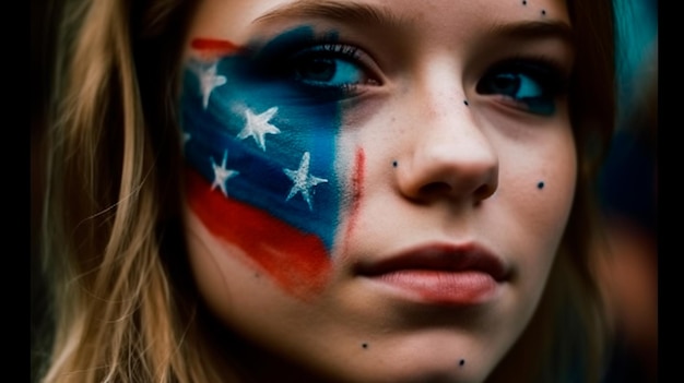 Zbliżenie na twarz kobiety pomalowaną flagą USA Święto czwartego lipca Generacyjna sztuczna inteligencja
