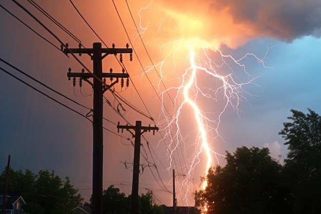 Zbliżenie na uderzenie pioruna w linię energetyczną utworzone za pomocą generatywnej sztucznej inteligencji