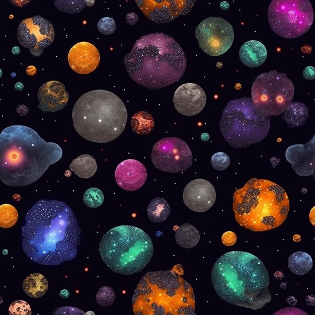 Zdjęcie zbliżenie na wiązkę różnych kolorowych planet na niebie generatywnej ai