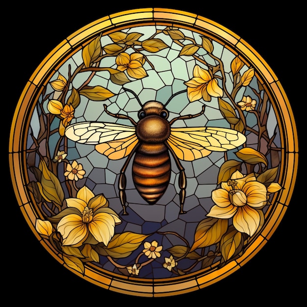Zbliżenie na witraż z sztuczną inteligencją pszczół