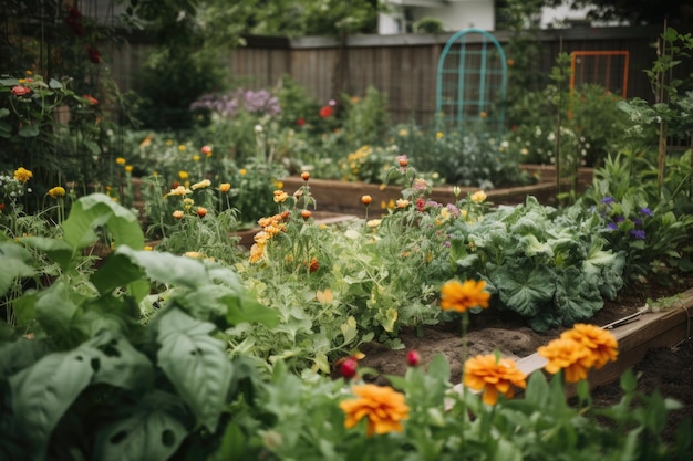 Zbliżenie na wspólny ogród z kwitnącymi roślinami, kwiatami i warzywami stworzonymi za pomocą generatywnej sztucznej inteligencji