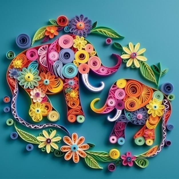 Zdjęcie zbliżenie na wyciętego z papieru słonia otoczonego generatywnymi kwiatami ai