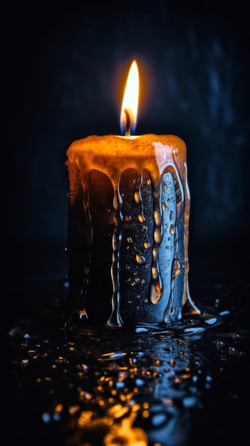 Zbliżenie na zapaloną świecę z kropelkami wody na powierzchni świecy Generacyjna sztuczna inteligencja