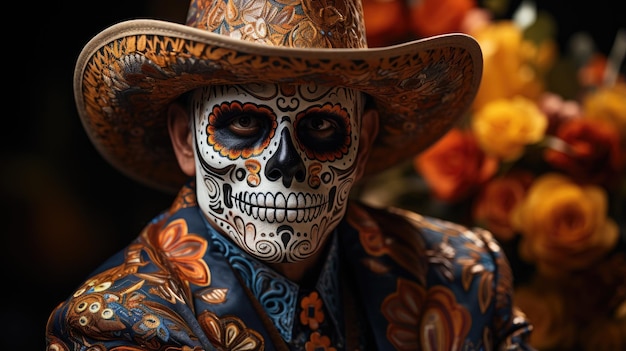 Zbliżenie na zdjęcie mężczyzny w tradycyjnym stroju z okazji Dnia Zmarłych i makijażu Dia de Muertos