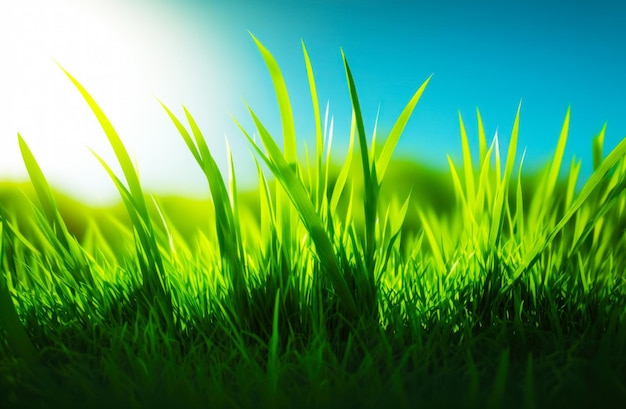 Zbliżenie na zieloną trawę z błękitnym niebem w tle Generative AI