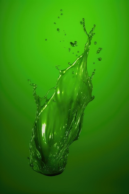 Zbliżenie na zielony płyn rozpryskujący się na zielonym tle stworzonym przy użyciu technologii generatywnej AI