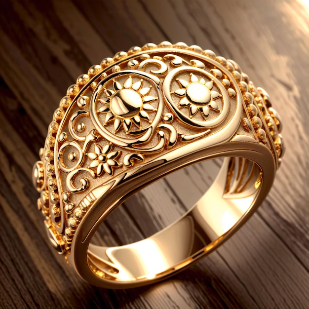 Zbliżenie na złoty pierścionek z symbolem słońca