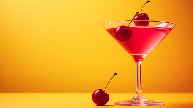 Zbliżenie napoju z wiśnią na żółtym tle Koncepcja imprezy koktajlowej i uroczystości