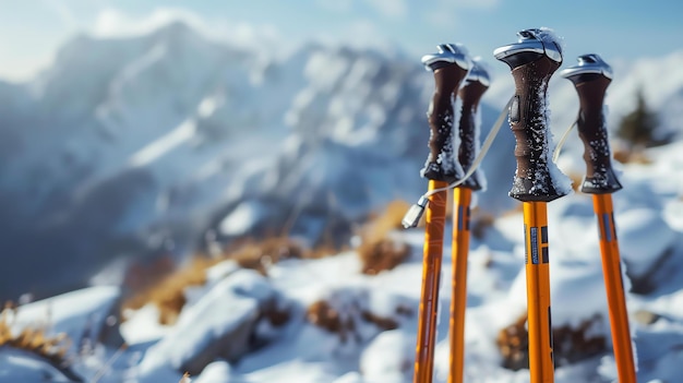 Zbliżenie narciarzy pomarańczowe słupy narciarskie umieszczone w śniegu Słupy są wykonane z lekkiego aluminium i mają wygodny gumowy uchwyt