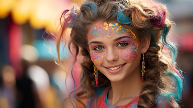 Zbliżenie nastolatki z kolorowymi fryzurami i makijażem w żywym stylu ulicznym Generatywna sztuczna inteligencja