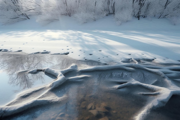 Zbliżenie naturalnej powierzchni, takiej jak pokryte śniegiem drzewo lub zamarznięte jezioro o unikalnej teksturze i