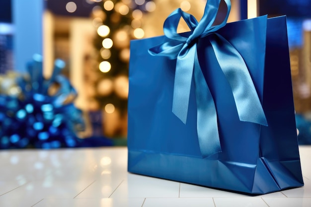 Zbliżenie: niebieska torba na prezenty z wystającą bibułką