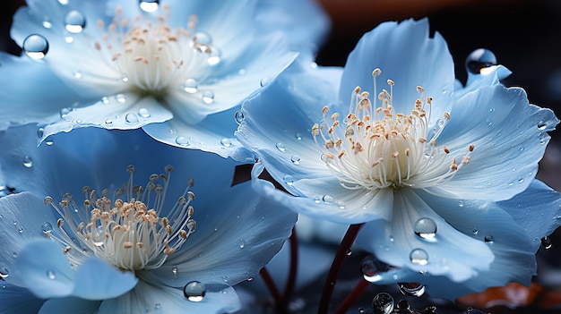 Zbliżenie niebieskich kwiatów z kroplami wody na ciemnym tle Piękne zdjęcie makro Kolorowe kwiaty