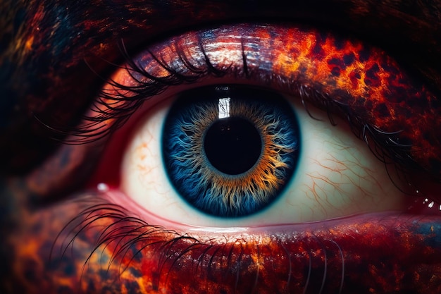 Zbliżenie niebieskiego oka z pomarańczowymi i czerwonymi kolorami Generatywna AI