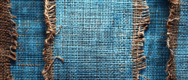 Zbliżenie niebieskiej prążkowanej tkaniny burlap pokazującej szorstką teksturę i roztrzaskane krawędzie odpowiednie dla obrazów skoncentrowanych na teksturze Tło tekstury burlap