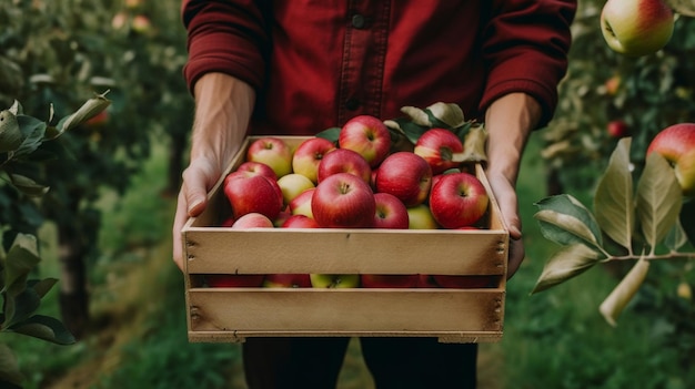 Zbliżenie nieznanego mężczyzny trzymającego pudełko z jabłkami w sadze Generatywna sztuczna inteligencja