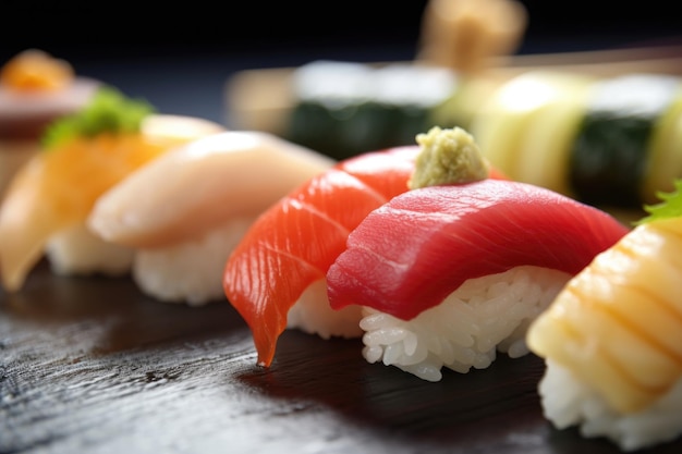 Zbliżenie nigiri sushi z wasabi i sosem sojowym