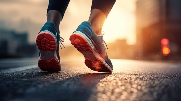 zbliżenie nóg kobiety biegnącej po asfaltowej drodze o zachodzie słońca zdrowy styl życia i koncepcja sportu