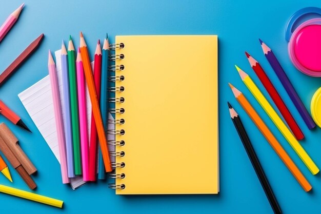Zbliżenie notatnika z kolorowymi ołówkami i różnymi innymi generatywnymi kolorowymi ołówkami ai