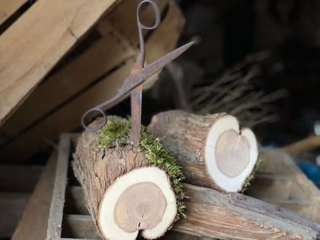 Zdjęcie zbliżenie nożyczek na drewnie
