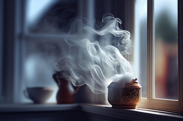 Zbliżenie obłoku dymu uciekającego z okna z niewyraźnym tłem